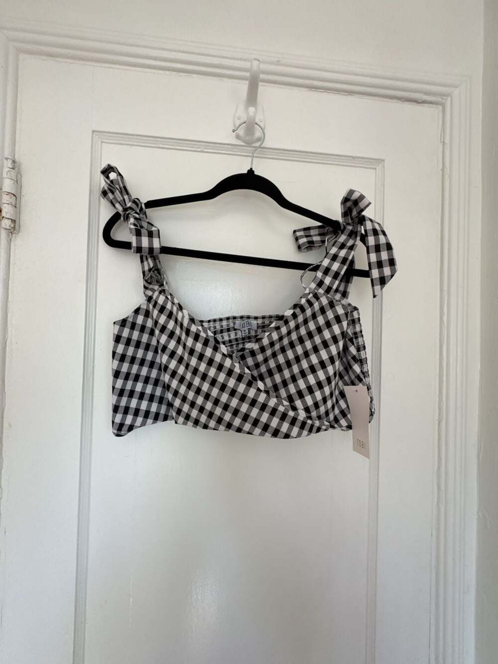Gingham Crop Top Black White Bow Strap Smocked Cottagecore Farmhouse XL